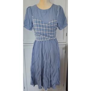 Gege Blue Prairie Cottagecore Style Front Plaid Tie Wrap Midi Dress